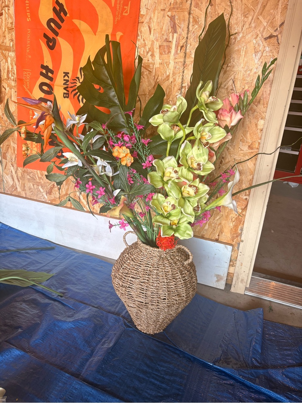 Handwoven Seagrass Floor Vase with Green and Pink Floral Arrangement - Picture 1 of 1
